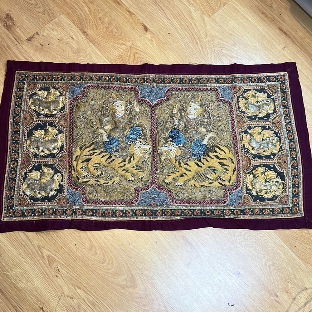 Burmese Kalaga Large Tapestry Tigers Dragons Riders 40” x 23” Handmade in Burma